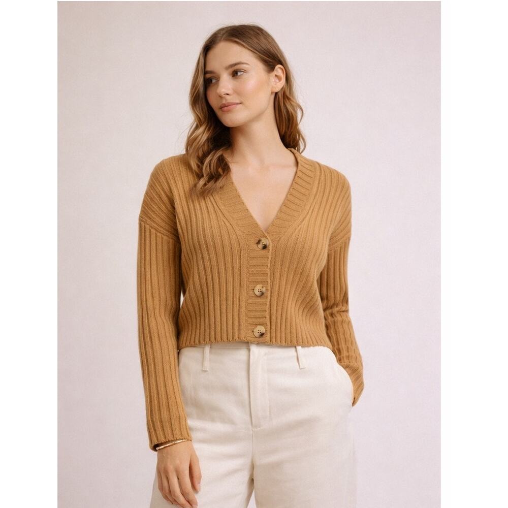 Vince Wool Cashmere Ribbed Cropped Cardigan Camel Tan Size S Button Front